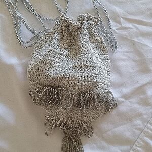 Hand made Silver Crochet & beaded Drawstring Bag